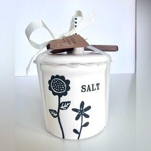 Rae Dunn White Ceramic Floral Salt Container with Wooden Mini Spoon